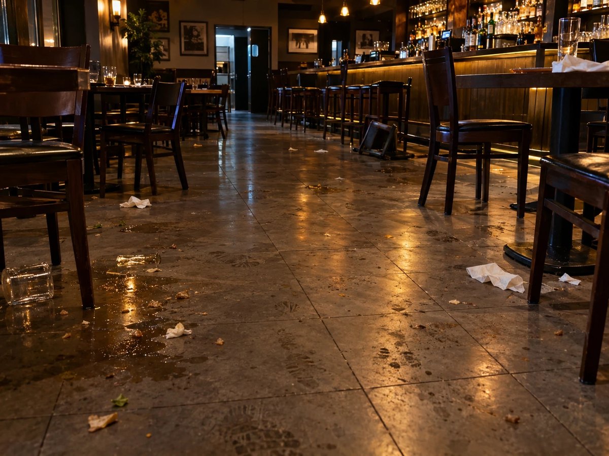 Dirty restaurant floor before cleaning