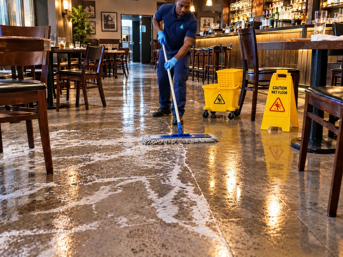 Cleaner mopping a restaurant floor with soapy water