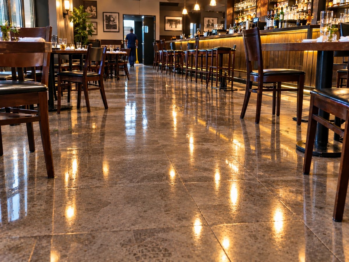 Spotless shining restaurant floor after mopping
